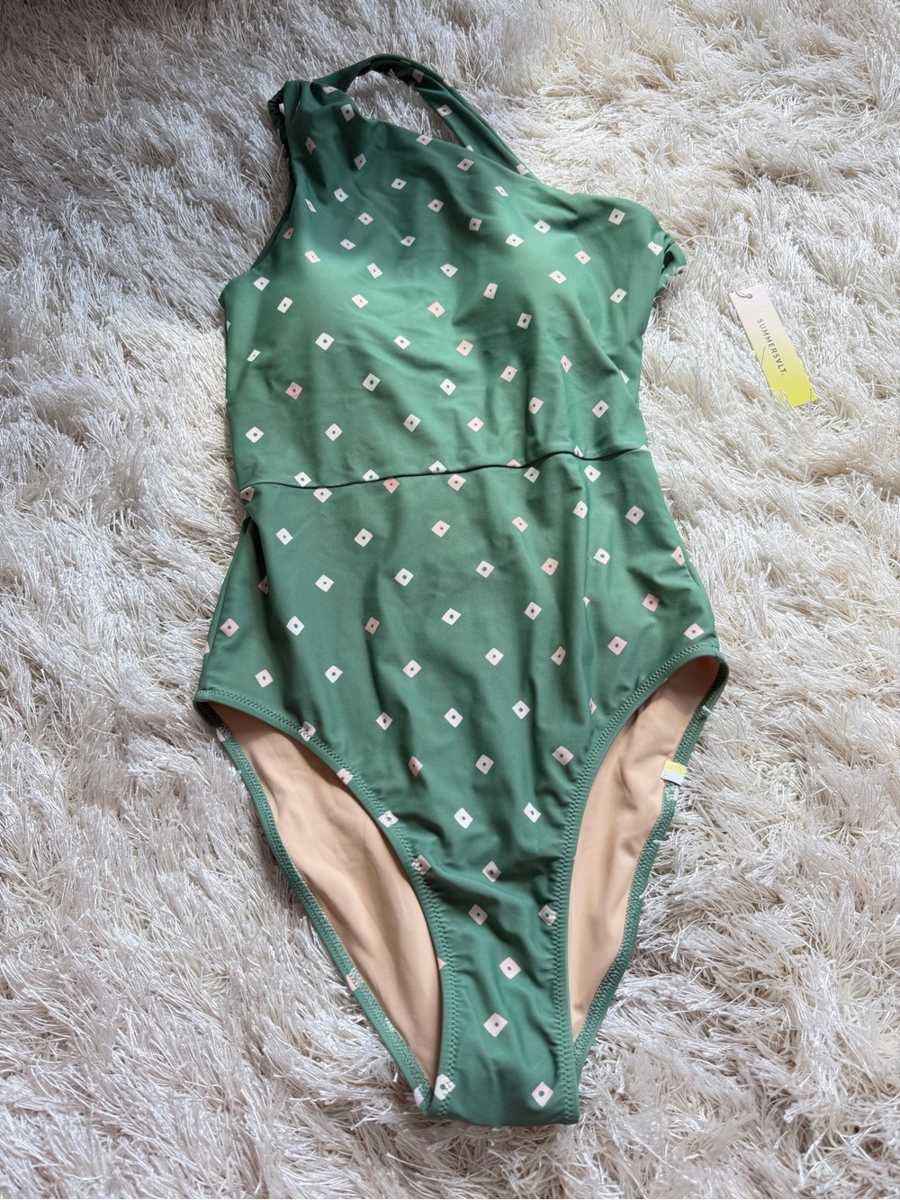 summersalt Green One-Piece Swimsuit with White & Pale Pink Diamond Print